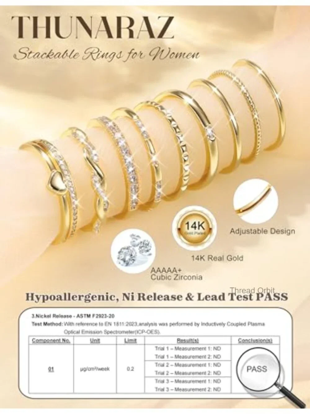 9 Pcs Gold Plated Stackable Rings Set Adjustable Cubic Zirconia Thin Thumb Ring